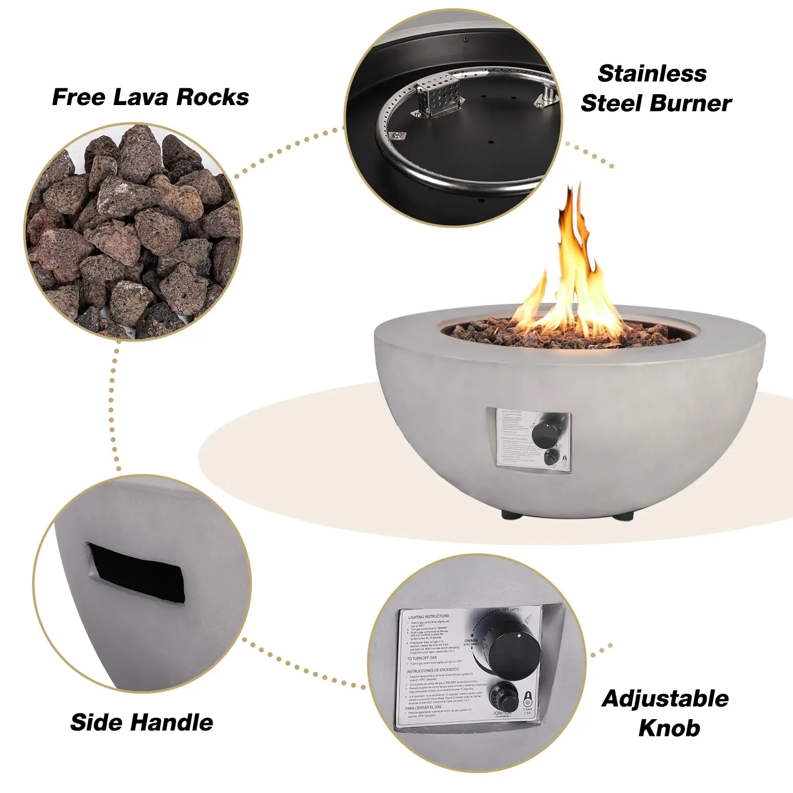 2-Piece Outdoor Propane Fire Pit Table Set w/Tank Cover Table, 31.5-inch 50,000 BTU Bowl Concrete Firepit SUS201 Round