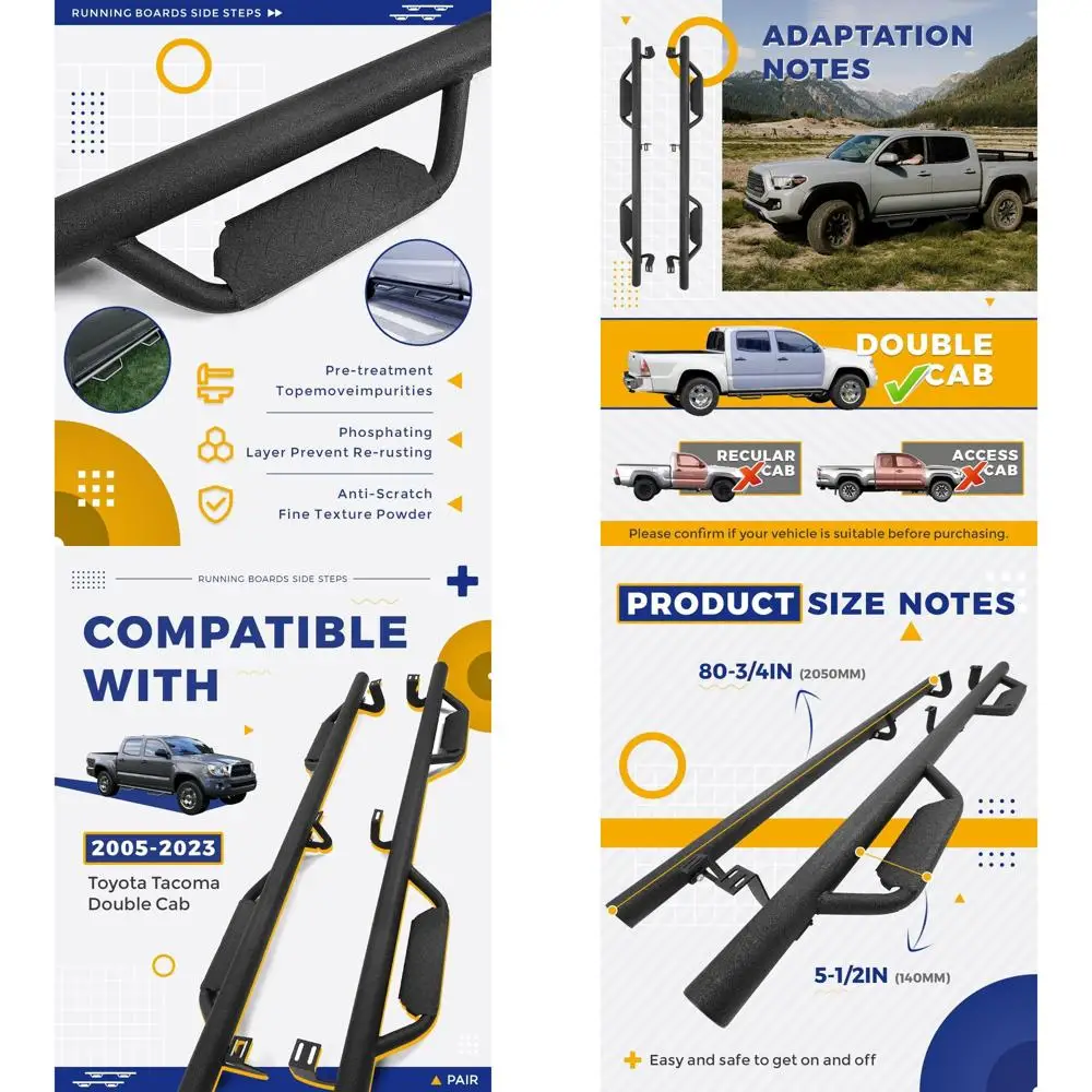 

Подносы для бега, совместимые с Toyota Tacoma Double Cab 2005-2023 годов, с 4 полноразмерными полосами Nerf, обручем для боковых ступеней с дверцами (матовый)
