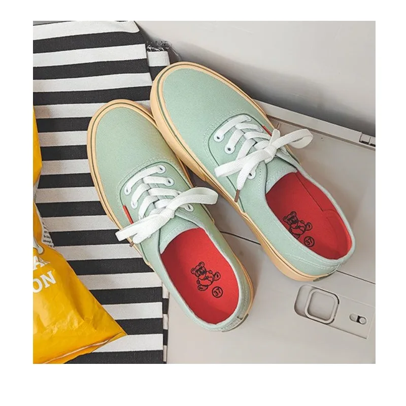 Fresh Solid Colors Women Canvas Shoes Summer Girls School Sneakers Shallow Upper Lace Up Canvas Board Shoes Green Red Sneakers