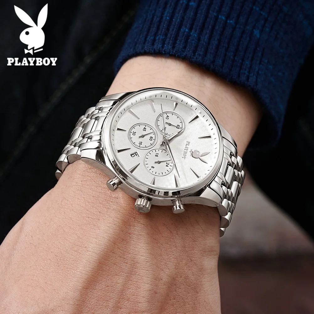 PLAYBOY Original Quartz Watch for Men Chronograph Business Men\'s Watches Waterproof Stainless Steel Luxury Brand Man Wristwatch