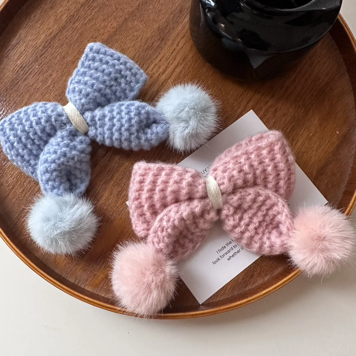 Premium Knit Bow Hair Clip with Fluffy Ball for Side Fringe Autumn Winter Sweet Girl Non Slip Strong Grip Soft Warm Lightweight