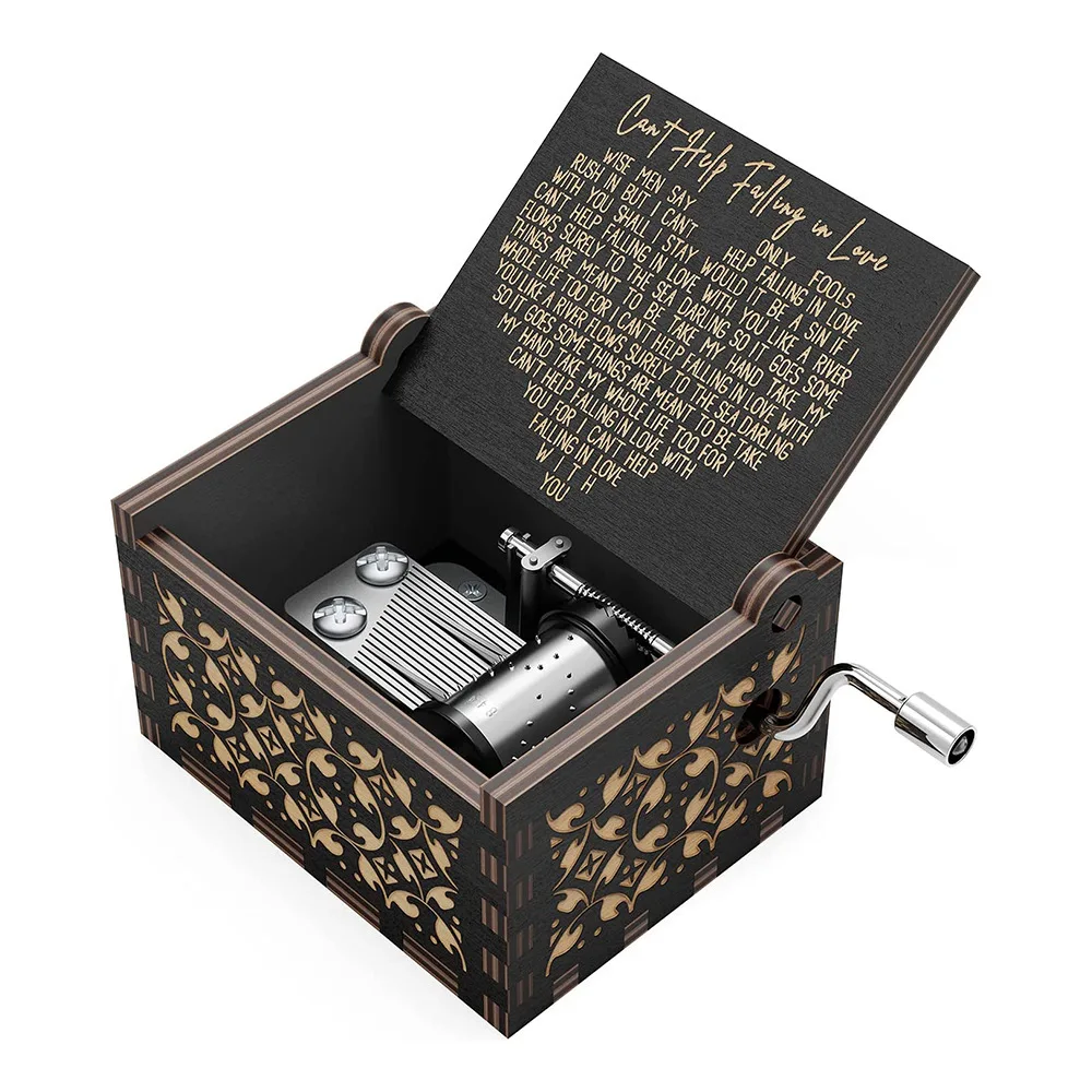 Wooden Hand-cranked Music Box, Painted Carved Design, 