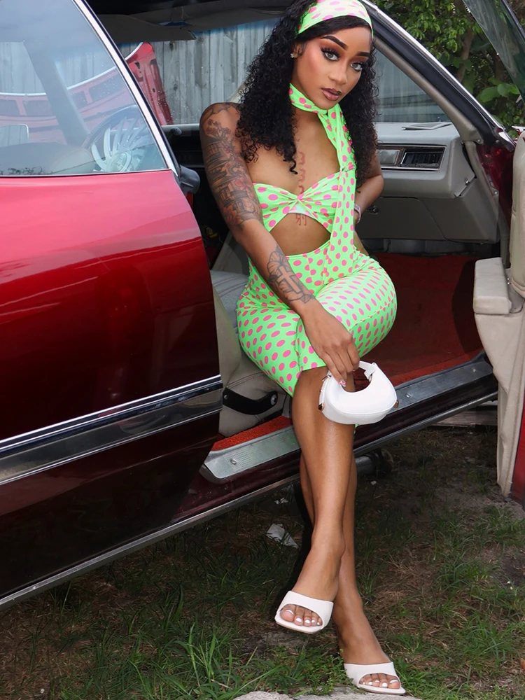 

Whatiwear Playsuits Woman Sexy Hollow Summer Trend Polka Dot Print Irregular Halter Backless Peach Hip Street Fashion Rompers