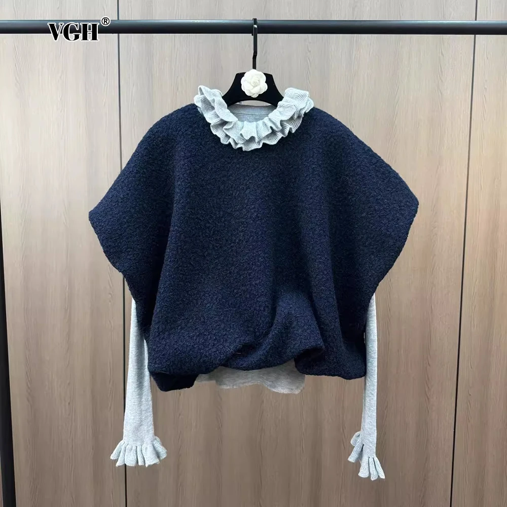 VGH Hit Color Two Piece Set For Women Half High Collar Spliced Ruffles Long Sleeve T Shirt O Neck Sweater Casual Top Suit Female