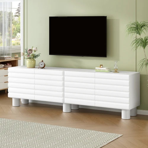 # Thick Wavy Glass MDF TV Stand Adjustable Shelves Cream Style Floor Mount 4 Cabinets  Media Console