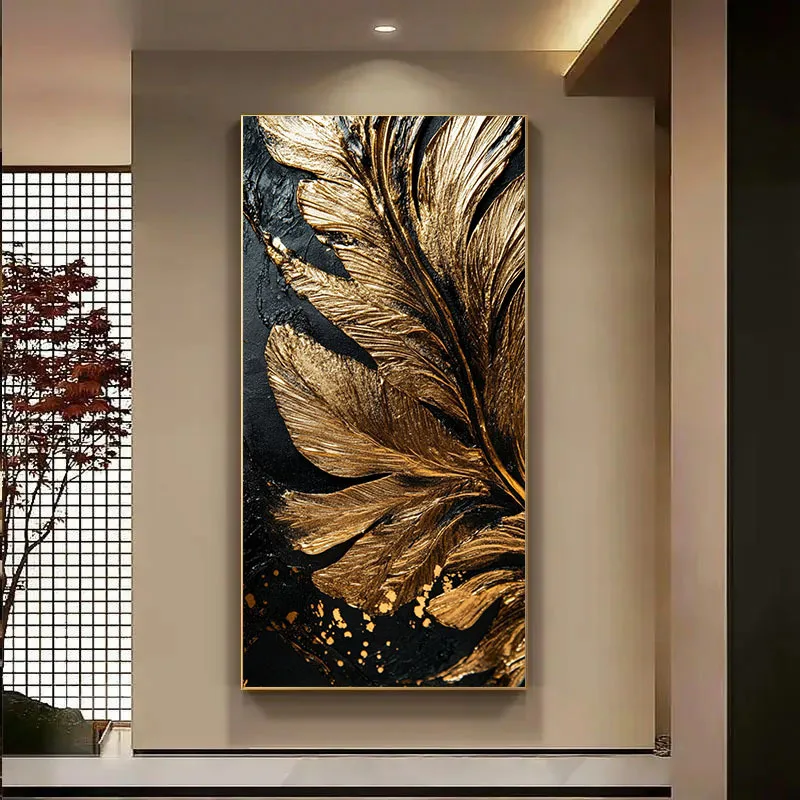 2D Flat Large Modern Golden Leaf Canvas Art Print - Unframed Extra Wide Golden Ginkgo Leaf Canvas Painting for Living Room Decor