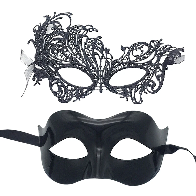 2PCS ELeGant BLack Lace Masquerade Mask Set for CoupLes Perfect for Venetian Party Mardi Gras and HaLLoween CeLebrations