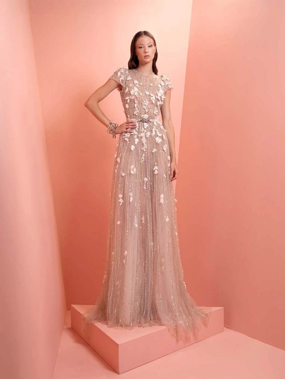 Robe de soirée longue en Tulle, ligne a, perles scintillantes, col rond, manches courtes, robe de soirée de mariage, robes de bal élégantes personnalisées