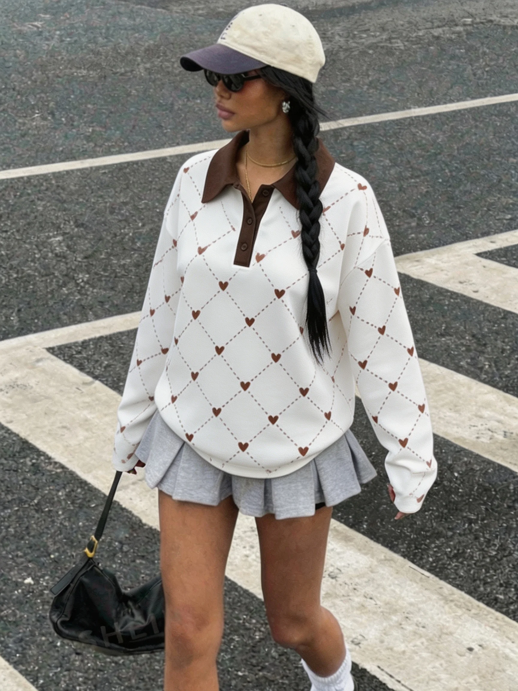 Women's Autumn Casual Lapel Button Color Block Geometric Pattern Long Sleeve Hoodie Top for Daily Travel
