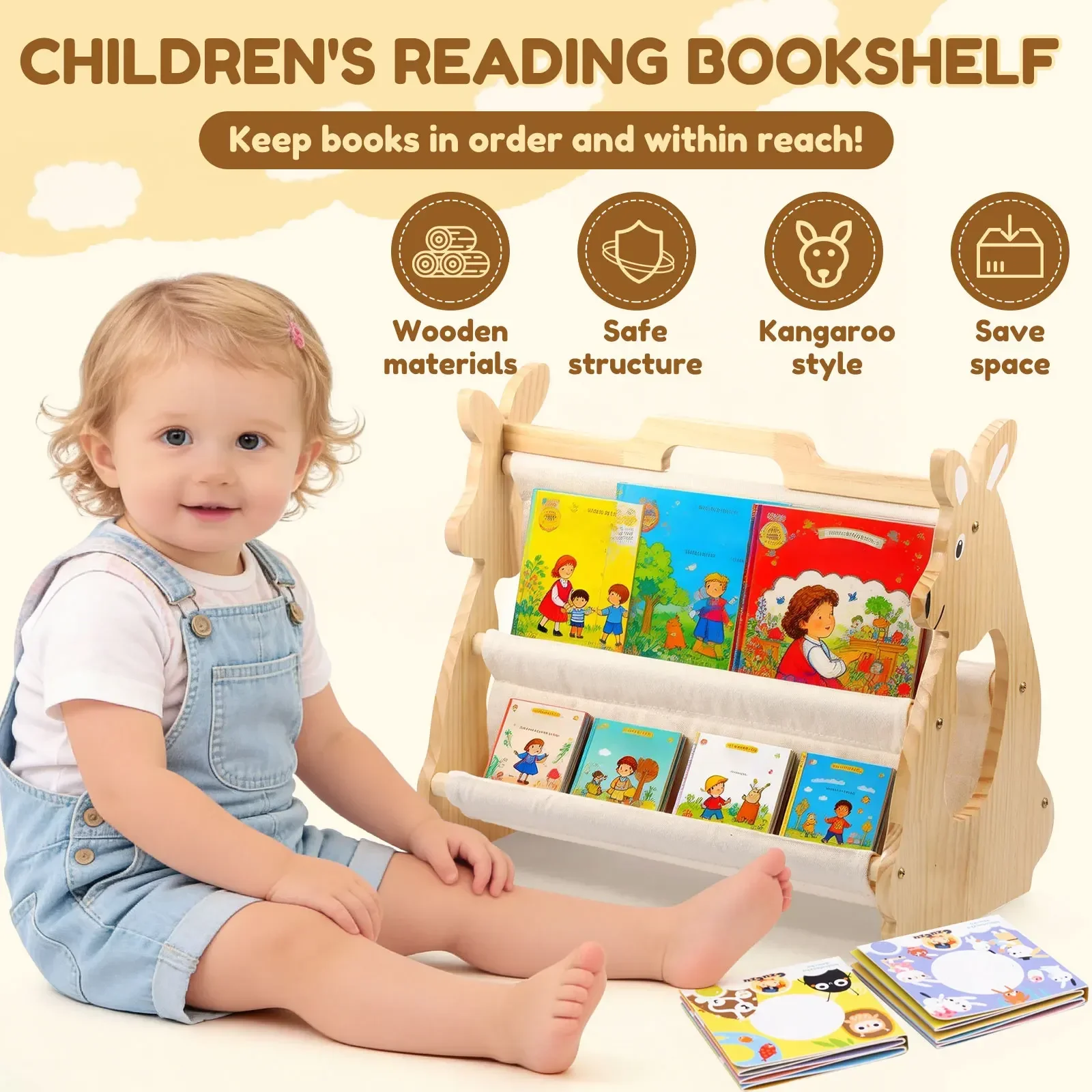 Kids Bookshelf Toddler Book Shelf Wood Portable for Kids Room and Playroom Montessori Children'S Picture Book Storage Rack