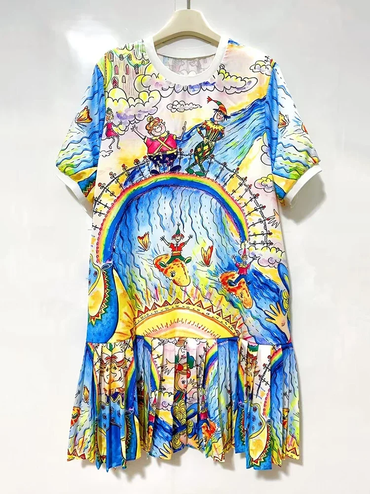 Ontworpen retro geometrisch bedrukte T-shirtjurk met ronde hals, zomerjurk voor dames, modieuze geplooide losse gezwollen rok