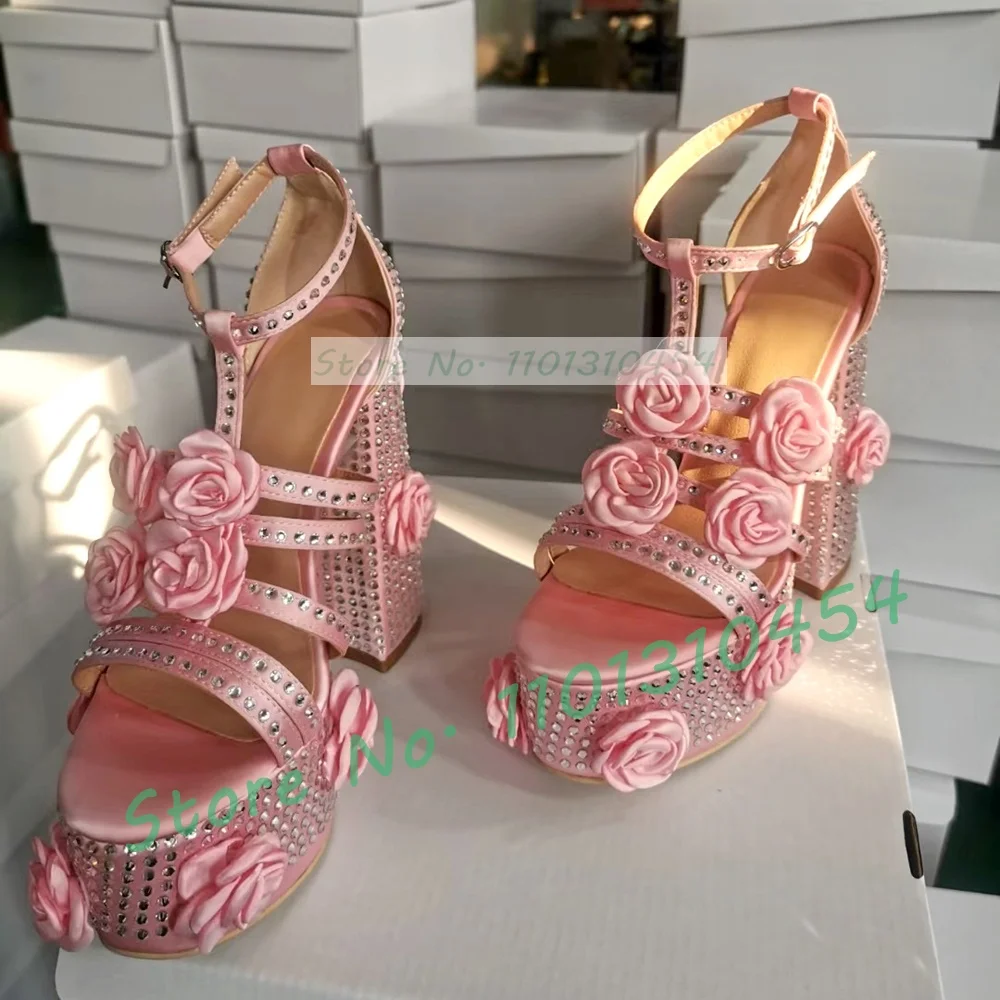 

Sweet Pink Flowers Platform Satin Sandals Women Shiny Rhinestones Chunky High Heels Party Shoes Girls Cross Strap Trending Pumps