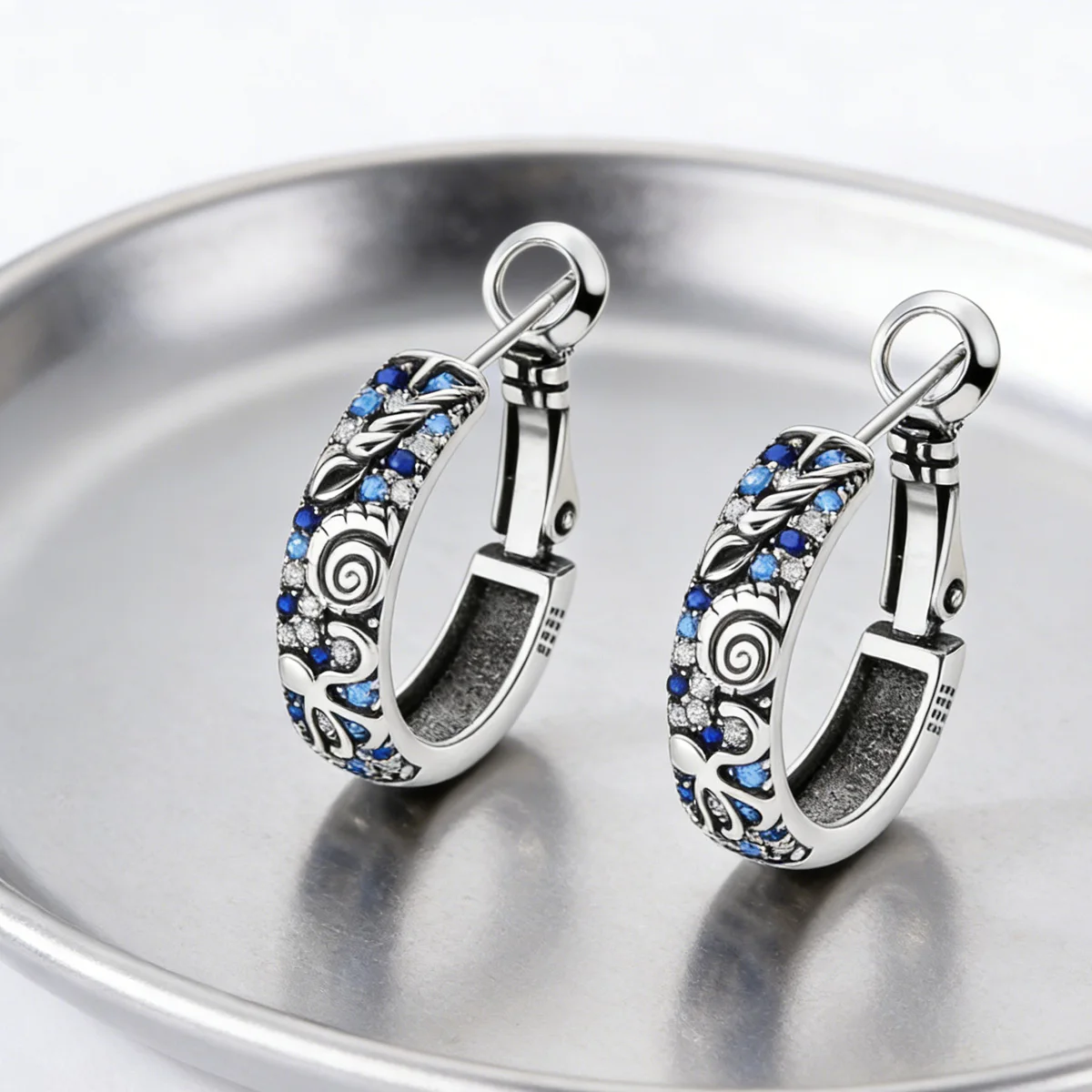 Hoop Earring 925 Sterling Silver Summer Ocean Marine Life Shell Blue Round Shape Pendientes For Woman Jewelry