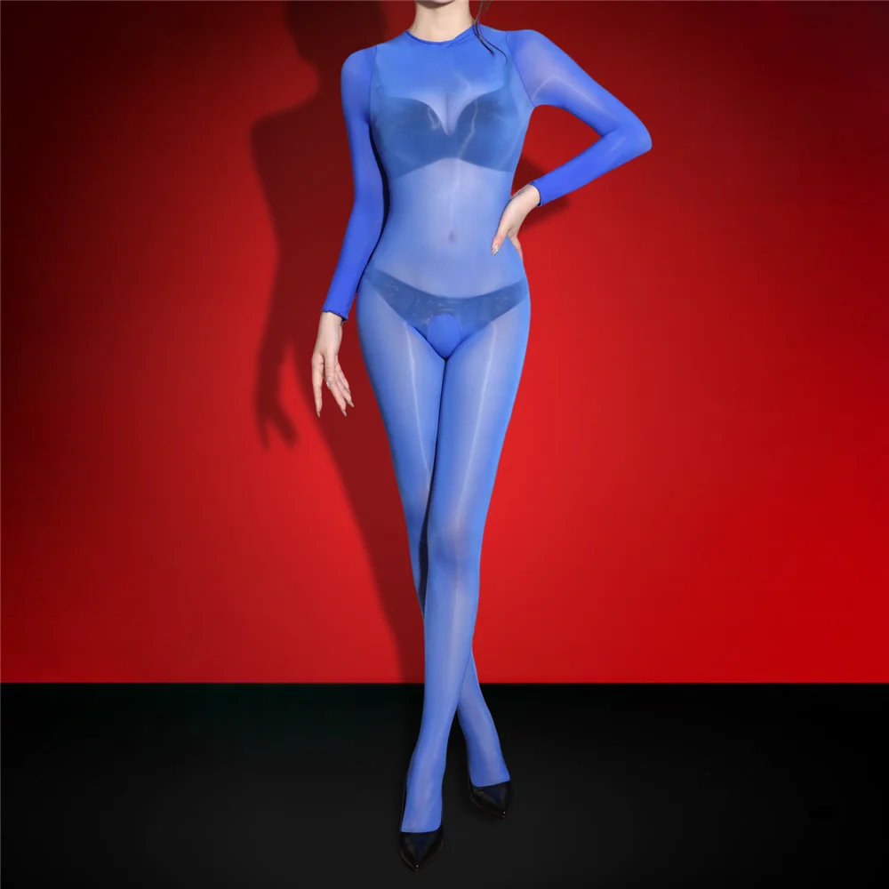 Sexy Women 5D Thin Oil Glossy Shiny Long Sleeves Bodysuits Sheer See Through Back Open Maid Tights Jumpsuits Shaping Leotard