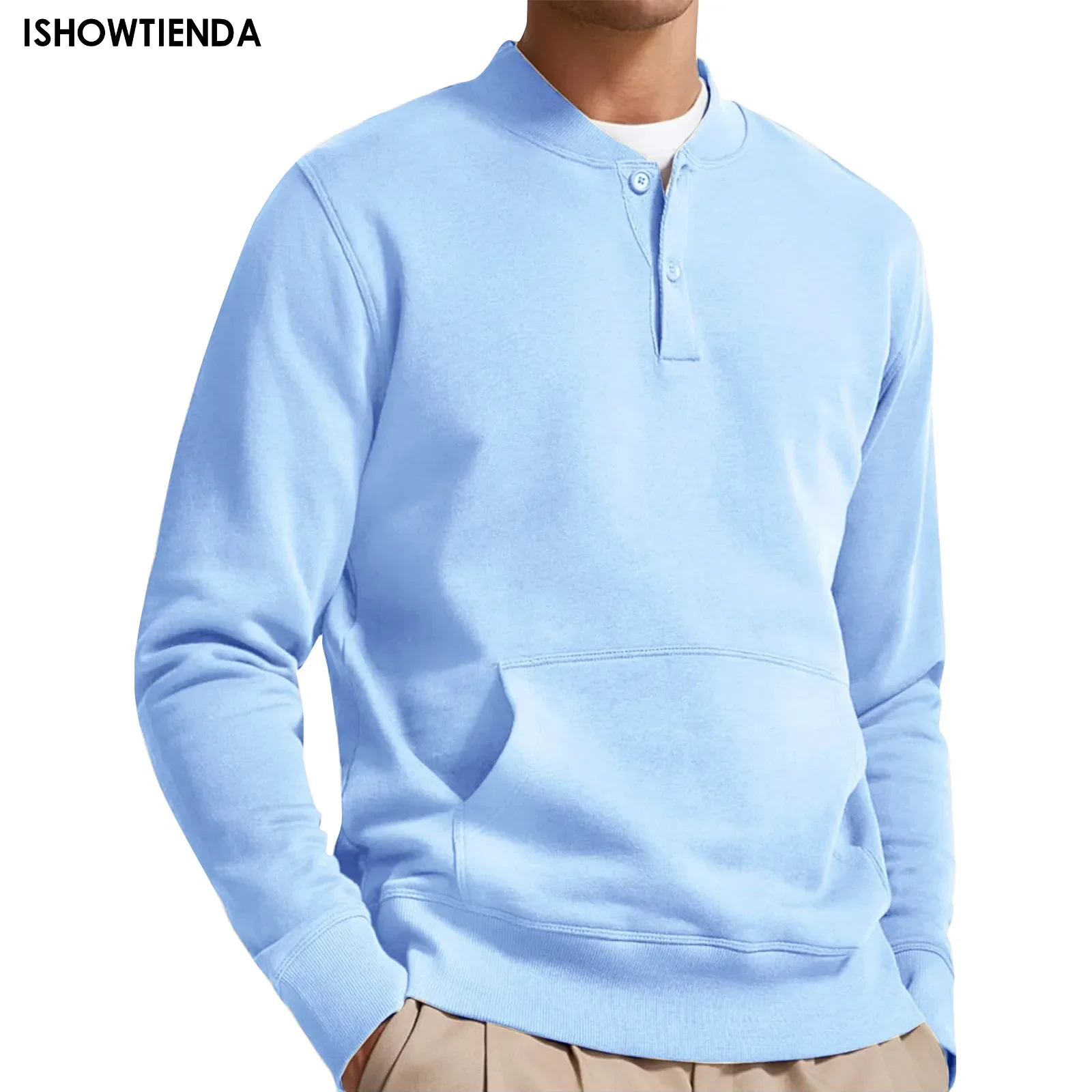 Men Sweatshirt Solid Color Long Sleeve Button Collar Pullover Top Mid Length Men Top Solid Color Button T-shirt Sweatshirt