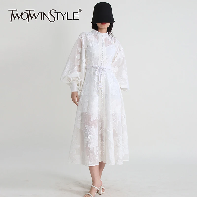 TWOTWINSTYLE Solid Printing Dresses For Women Turtle Neck Long Sleeve Spliced Single Breasted Embroidery A Line Dress Female New