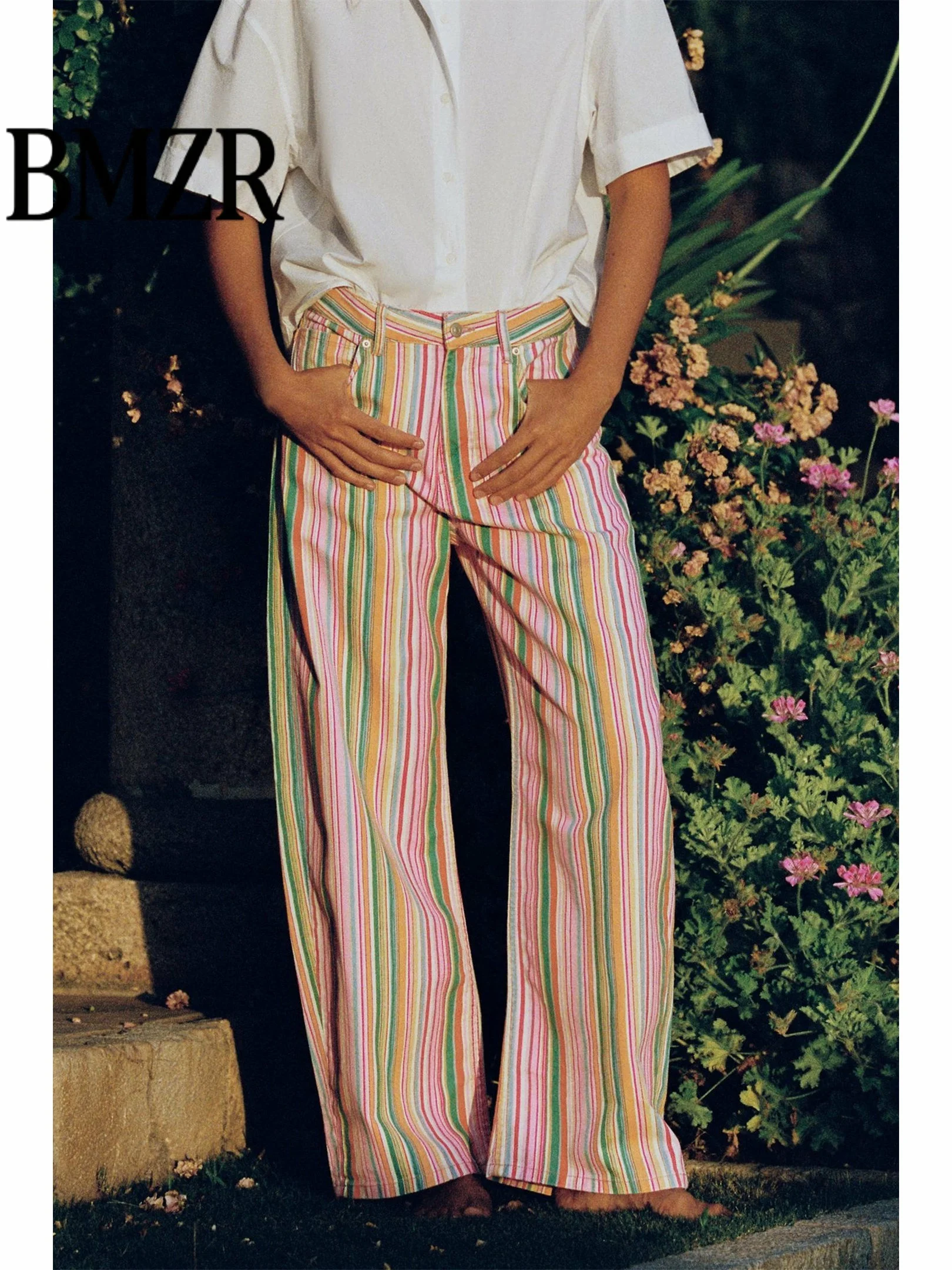 Loose Wide Leg Striped Casual Jeans New Early Autumn Fashionable All-Match Long Pants Natural Waist Button Fastening Other Ma...