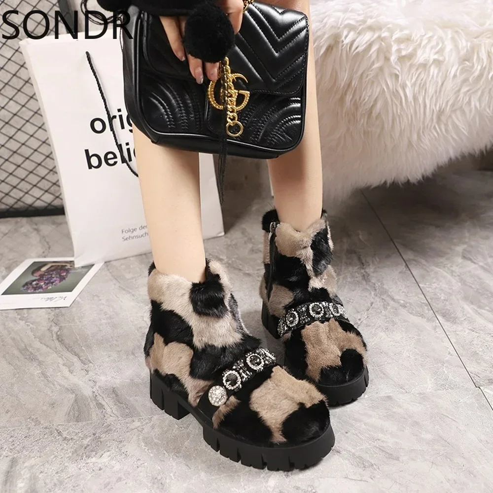 Womens Real Mink Fur Ankle Boots Rhinestones Crystal Chain Shoes Warm Winter Snow Thick Rainbow Colors New 2024