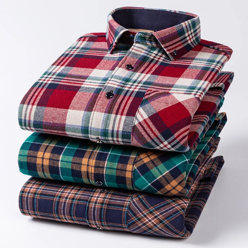 

Plus size 8xl Winter 100%cotton brushed long-sleeve shirts for men Warm Thick plaid single pocket tops casual vintage clothes