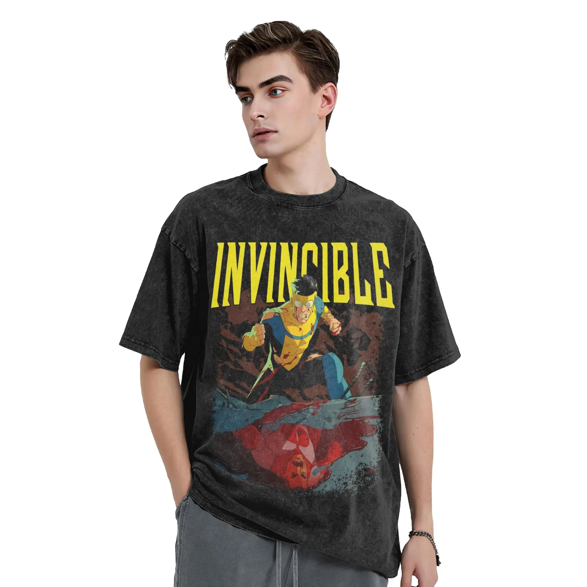 Invincible Mark Grayson Hero Vintage Washed Tshirts Men's 100%Cotton Top Tee Casual  Round Neck Short Sleeve