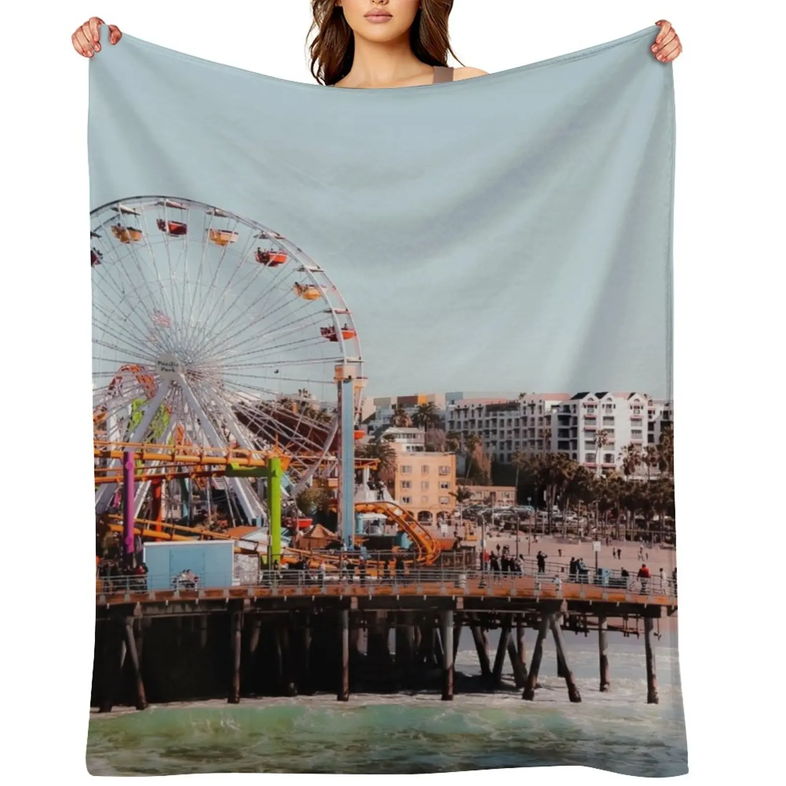 

colorful ferris wheel at Santa Monica pier California USA Throw Blanket warm winter Shaggy Blankets For Sofas Blankets
