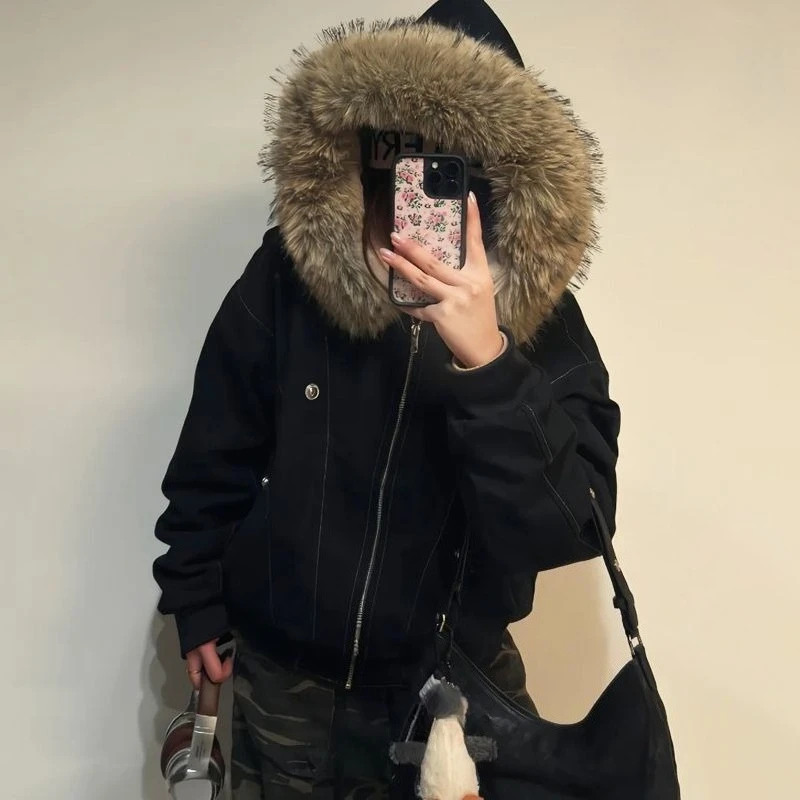 

Autumn Winter Faux Fur Parkas Hoooded Women and Mens Couple Clothing 2000s American Vintage Jackets Coats Punk Harajuku