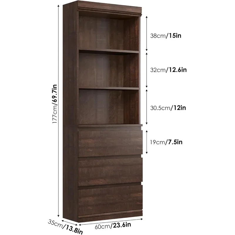 70 Tall Bookcase with Drawers Bookshelf w 3 Tier Open Shelves 3 Storage Drawers Modern Deep Storage Book Shelf Storage
