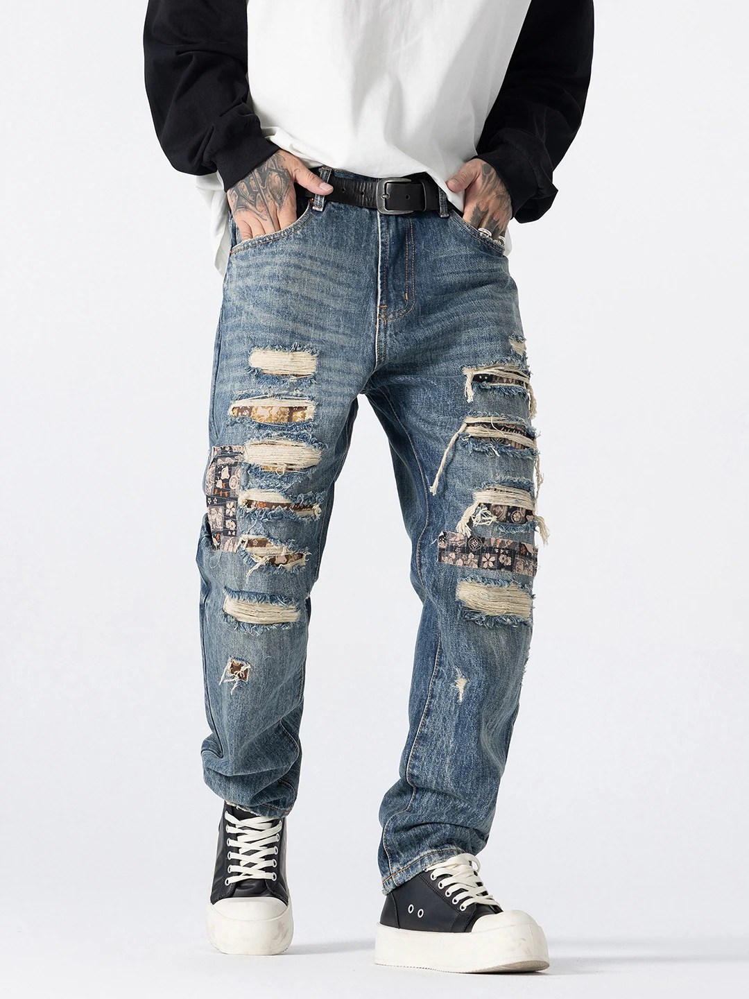 High-End Men's Jeans Patchwork Ripped Casual Loose Straight American High Street Spring Autumn Long Pants Wear Resistant
