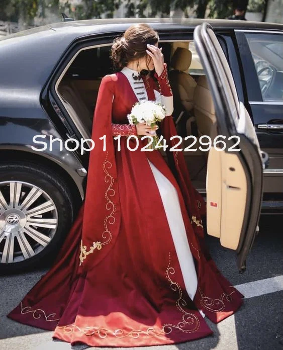 Circassian vestidos de novia nacionales con capa, manga larga, bordado blanco vino, encaje, Mancha árabe musulmana, vestidos de novia