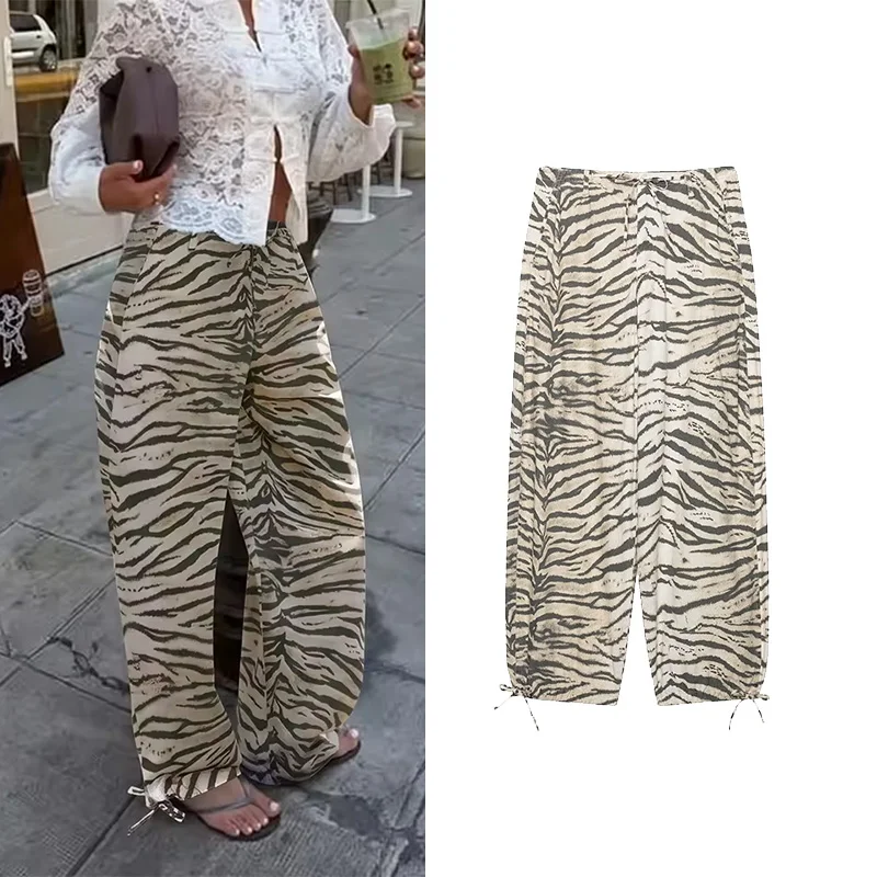 HipSeam Women's Zebra Stripes Pants New 2026 Summer Fashion Mid-waist Trousers with Lace Tie Casual Female Streetwear Pants