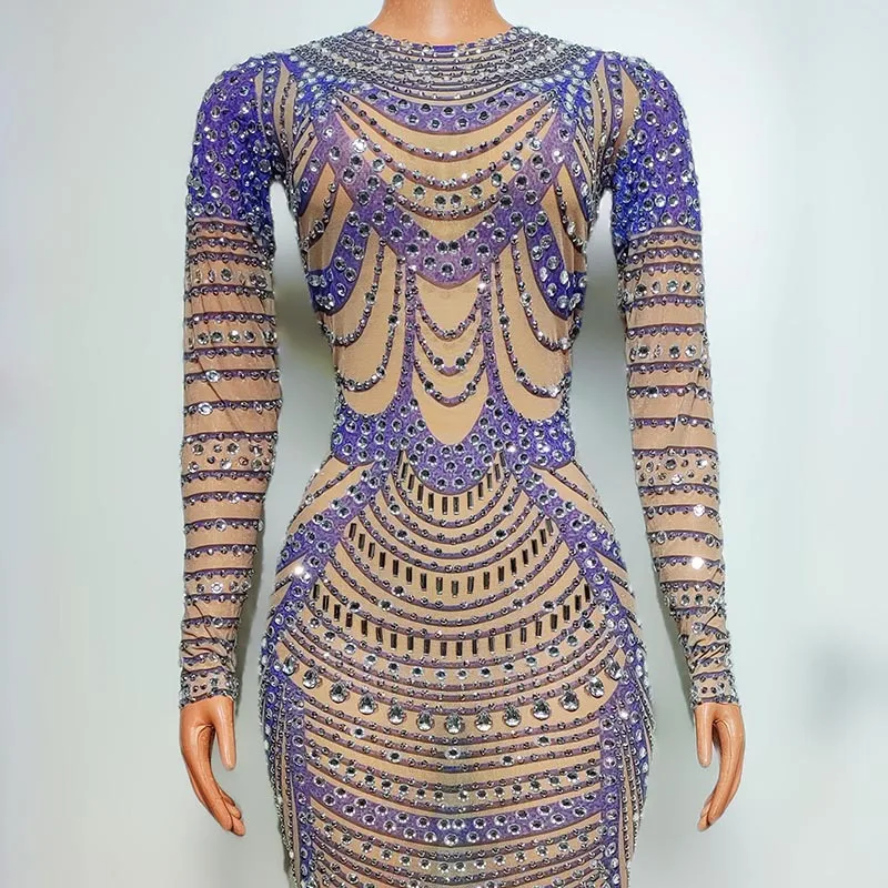 Abito da spettacolo con diamanti di compleanno Viola pieno di diamanti Lungo sottile Cantante Celebrity Banchetto Vestido Luxo Festa Abiti da ballo di lusso