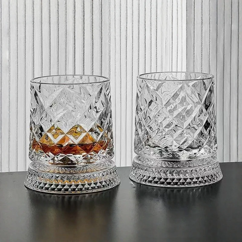2Pcs 8.7oz Crystal Whiskey Glass 360° Rotating Diamond Cut Design Fashioned Tumbler Premium Barware for Bourbon Scotch Cocktail