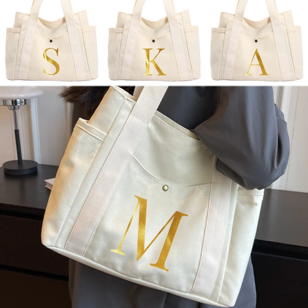 

New Women's Canvas Shoulder Bag Fashion Shopping Bag Outdoor Travel Work Commuting Storage Bag Gold Letter Print