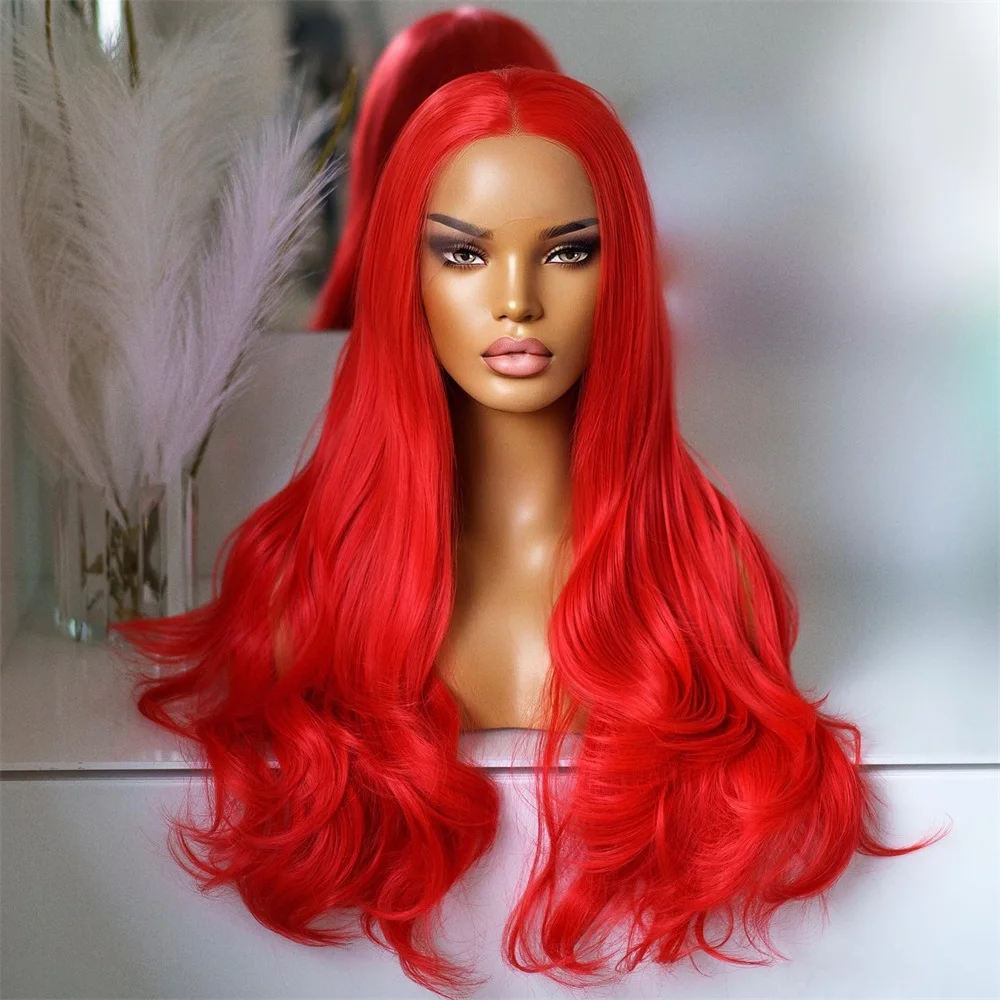 Hot Red Natural Wavy Wig Synthetic Lace Hair Long Loose Curl Lace Wigs for Women Green Wig Red Wig Ready to Wear Cosplay Frontal