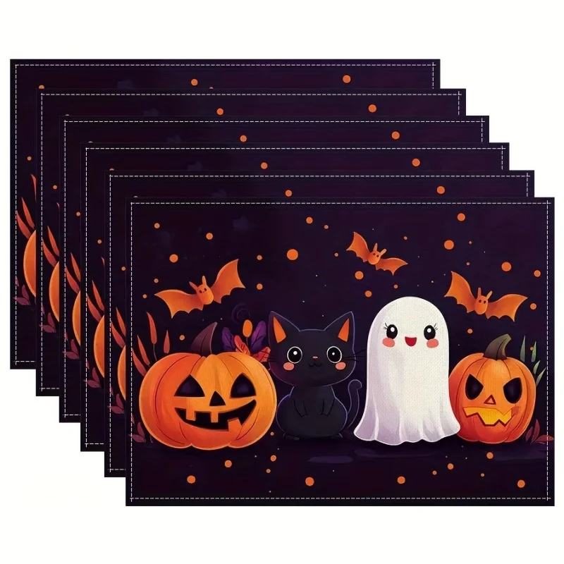 Halloween Pumpkin Leaf Placemats, Jack‑o‑lantern Printed Linen Table Mats, Fall Holiday Table Decor