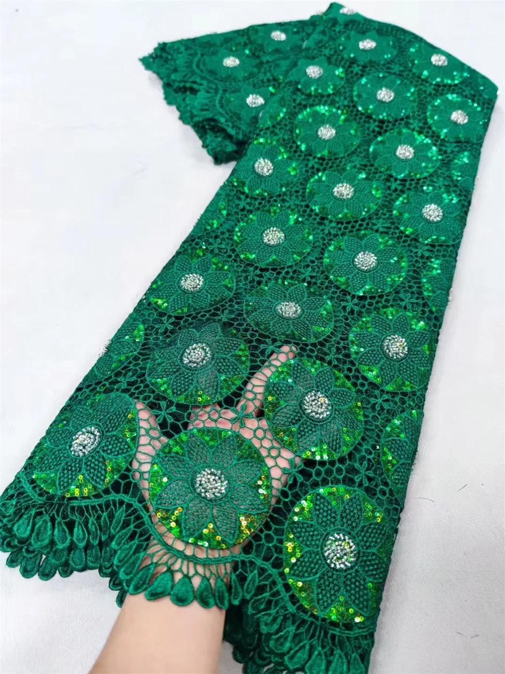 Tecido de renda africano 5 jardas de alta qualidade 2025 tecido de renda branca com lantejoulas pedra bordado luxo vestido de festa nigeriano A944-1