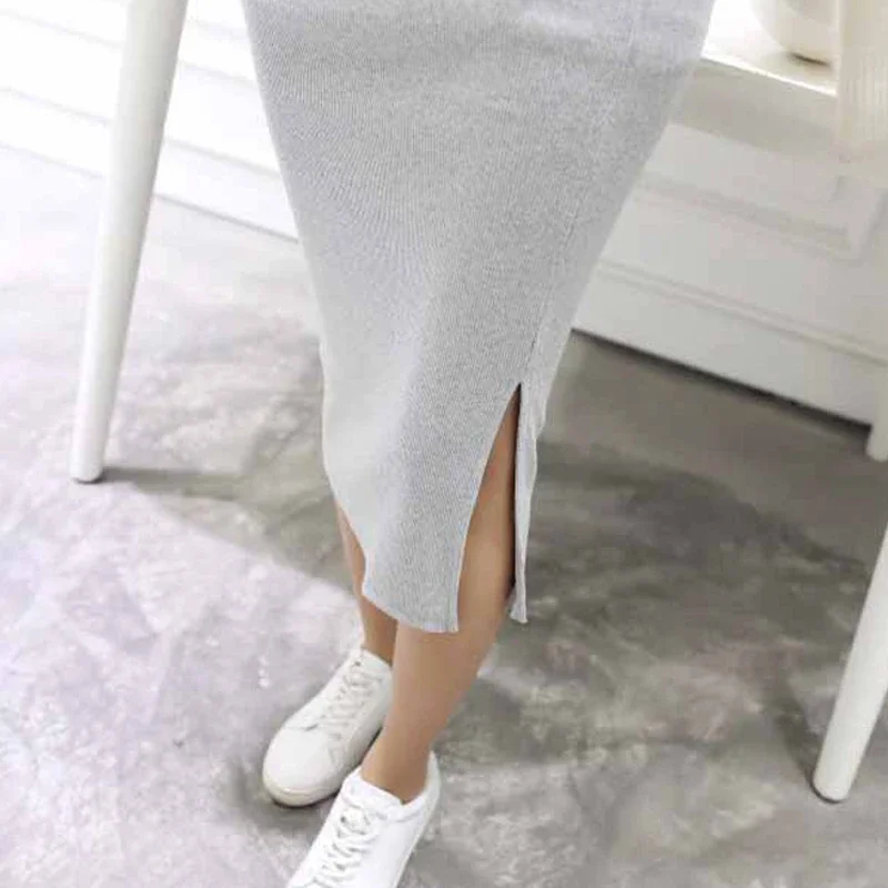 Summer Women Black Skirts Sexy Chic Pencil Skirts 2024 Slim Fit Female Faldas Wool Rib Knit Long Package Hip Split Waist Skirt