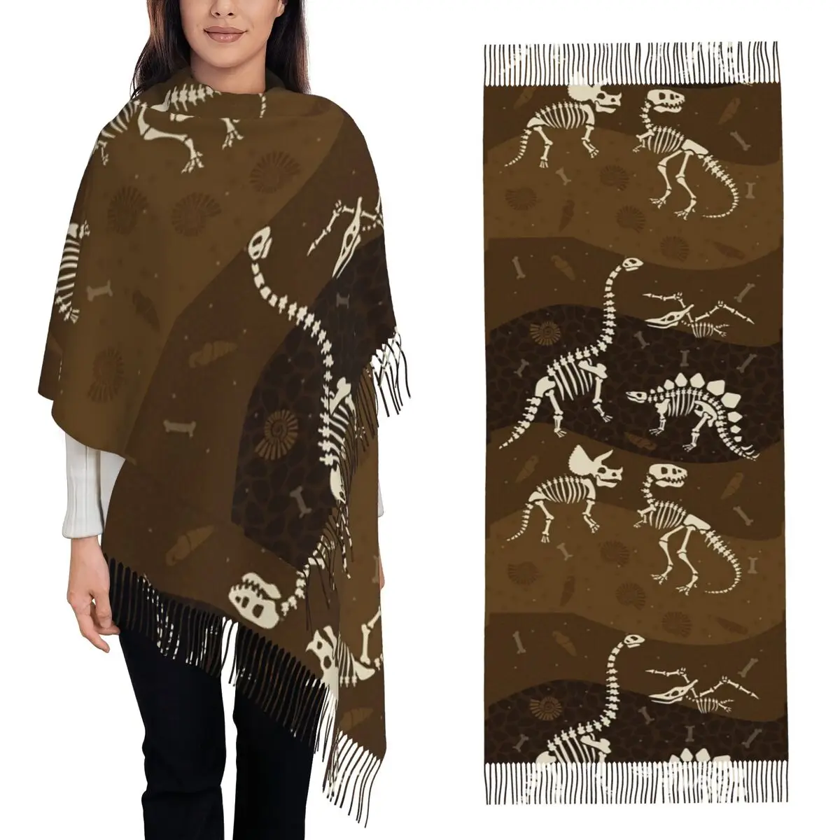 Dinosaur Fossils Halloween Scarf Tassel Scarves for Women Soft Warm Shawls and Wraps Long Fall Winter Shawl Wrap