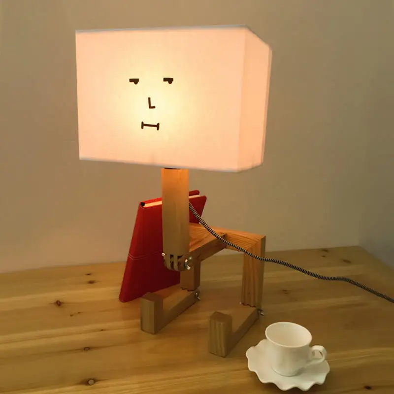 Modern Robot Wooden Table Lamp Cloth Lampshade Creative Lighting LED Art Wood Desk Lamp Shape Parlor Indoor Study Night Light