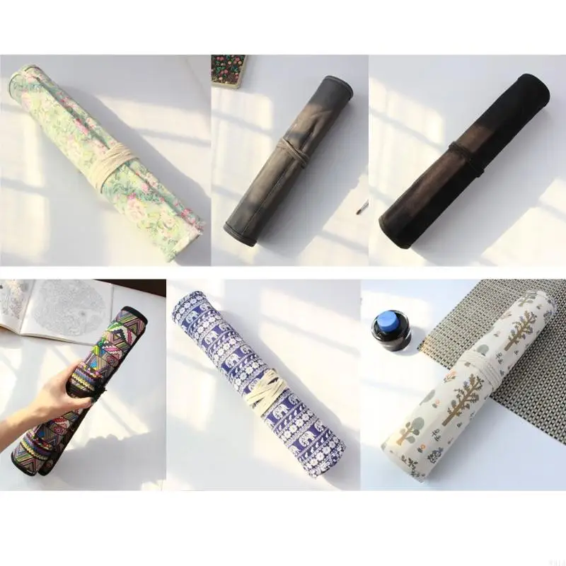 W91A กระเป๋าใส่ดินสอผ้าแคนวาสหนา 20 หลุมม้วนขึ้นที่วางปากกาสำหรับศิลปินนักศึกษา