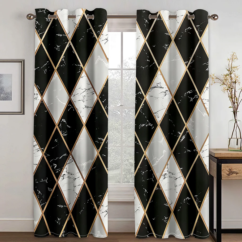 2 Panel Luxurious Black Gold Curtains Abstract Geometric Curtains for Bedroom Living Room Kitchen Floor Window Blinds Curtains