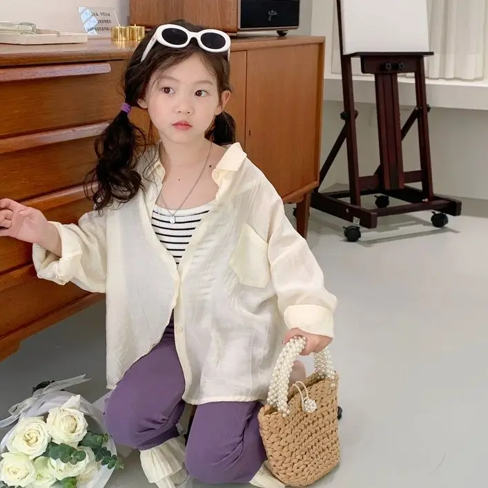 

Рубашка для девочек, солнцезащитная одежда, весна-лето-осень 2023, новый стиль, детское тонкое пальто в западном стиле, легкий топ с длинными рукавами