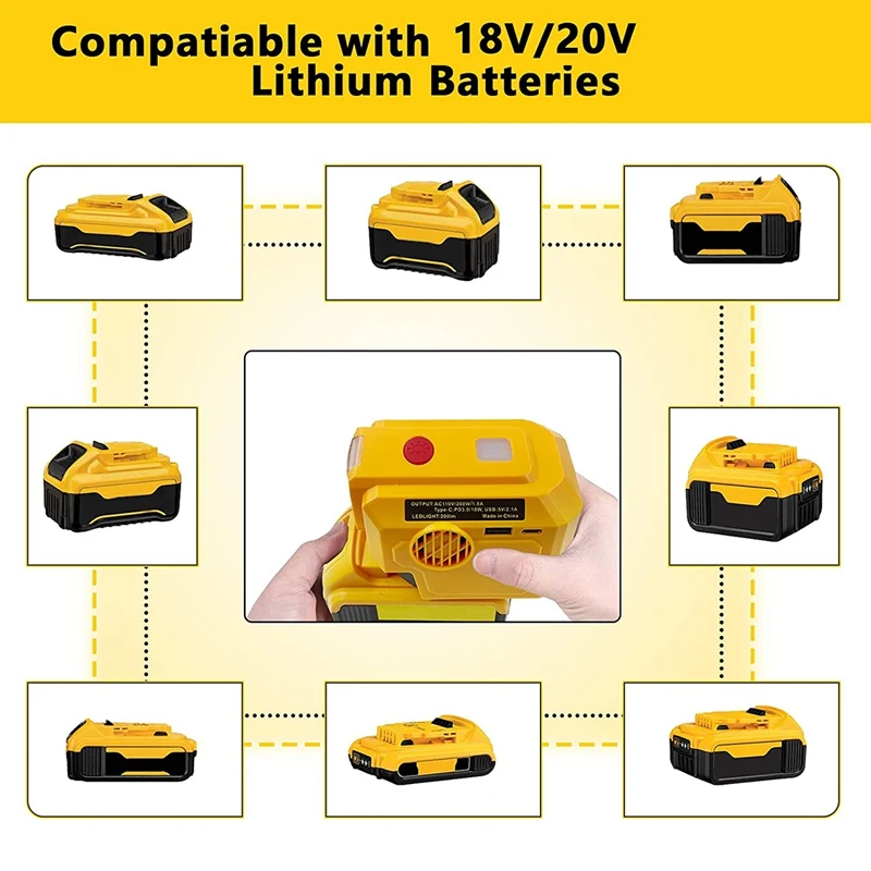 200W Power Supply Inverter For Dewalt 18V 20V Lithium Battery, DC 20V To AC 120V Modifined Sine Wave Power Inverter