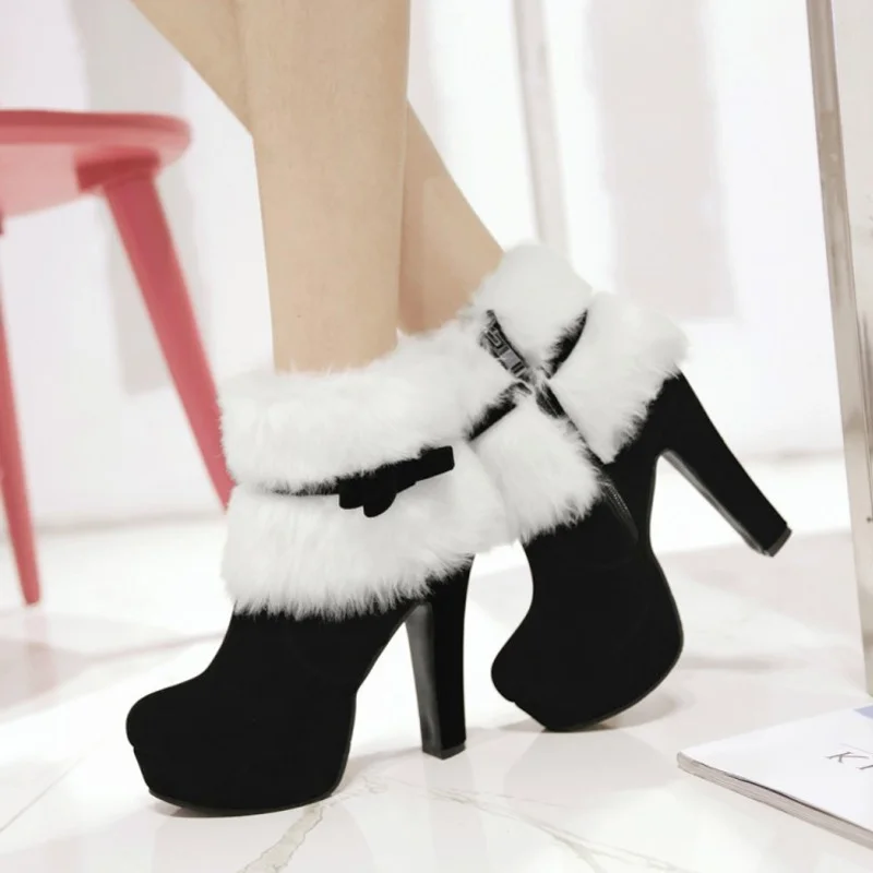 high heels boots winter new suede thick fashion fur mouth bow side zipper waterproof platform shortwomen print cute luxury shoes