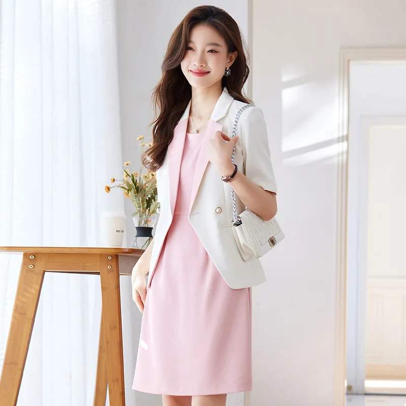 Color-Block Mid-Sleeve Blazer voor Women2024Spring Zomer Nieuwe Elegante Woon-werkverkeer Blazer Jurk Tweedelige Set werkkleding