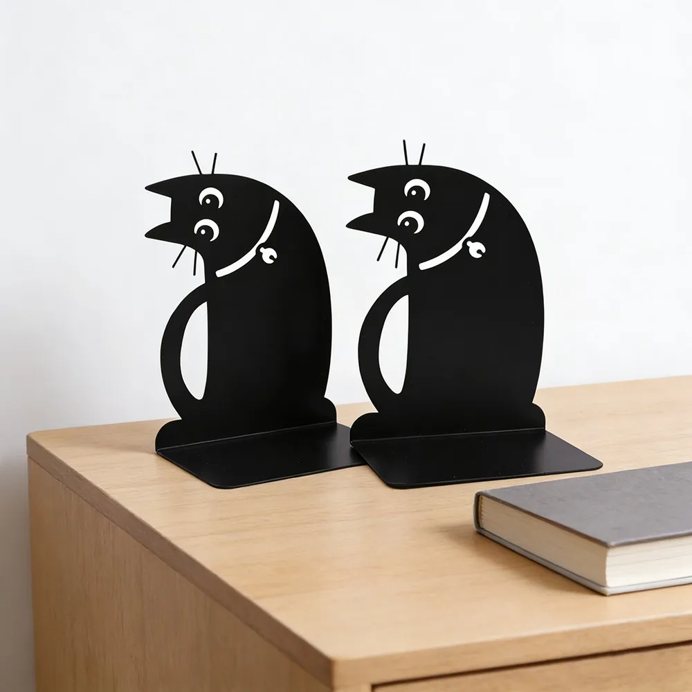 

Держатель для книг в форме кошки, состоящий из 2 частей, подходит для книжных полок, прочный современный держатель для книг в форме кошки, противоскользящий металлический держатель для книг
