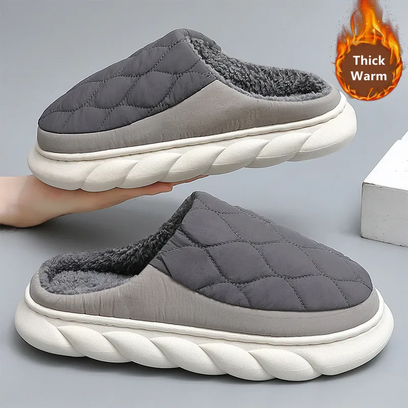 Big Size Winter Men Slippers Furry Home Cotton Shoes Women Fashion Waterproof Slides Outdoor Soft Non-Slip Couples Indoor Flats