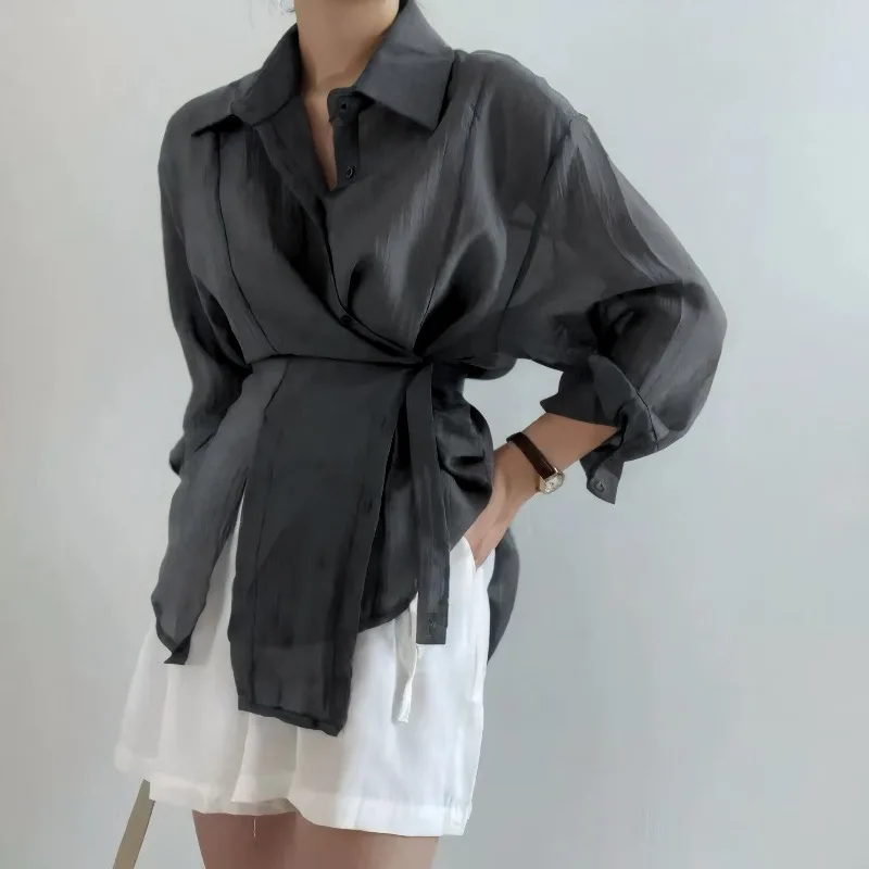 フランス製高級ライトラグジュアリーシャツ、面接用韓国版長袖薄手プロフェッショナル女性用サマーシャツ