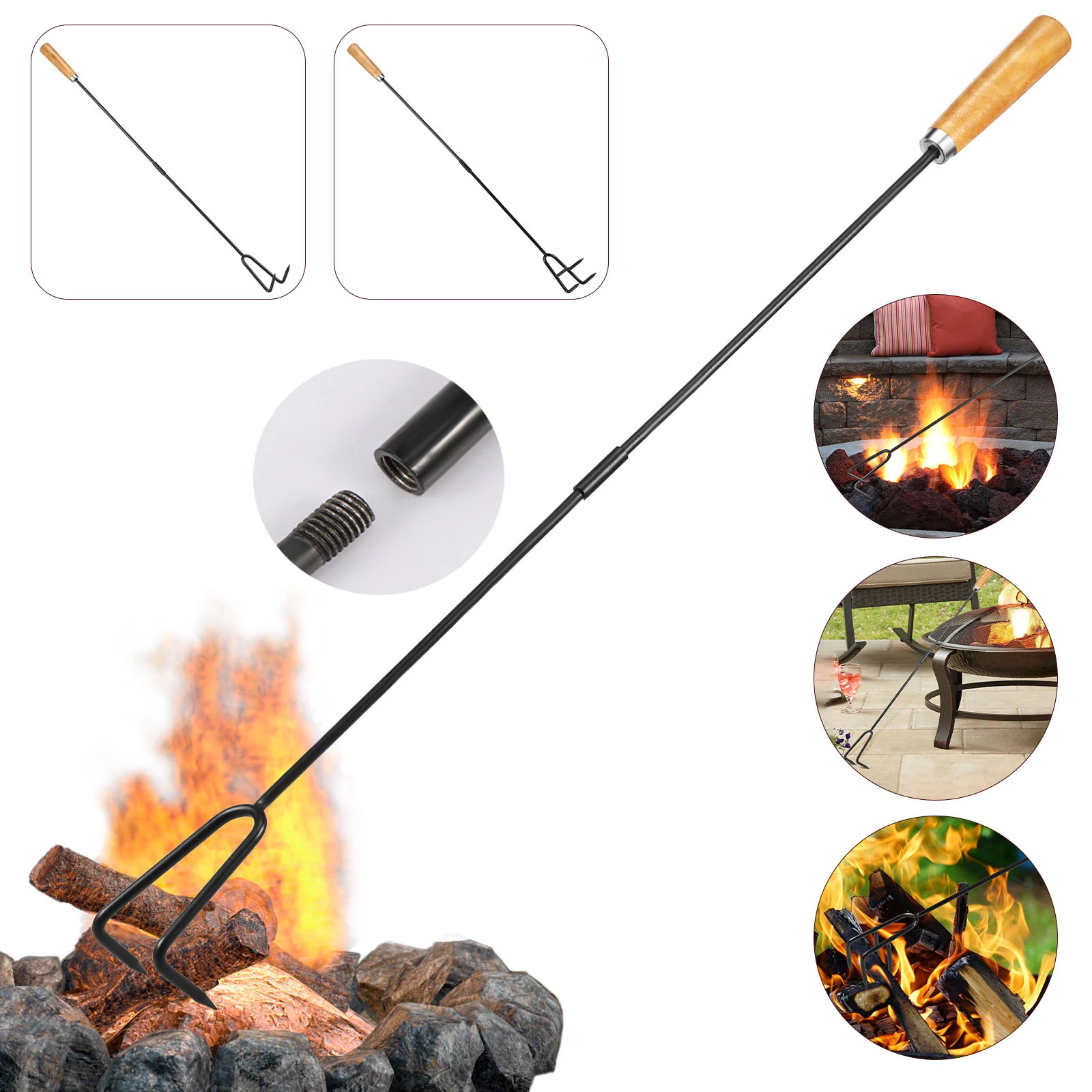 New Outdoor Fire Pits Poker Garden Wood Burning Fireplace Stick Durable 32/33 Inch Campfire Fire Poker Tool with Wooden Handle