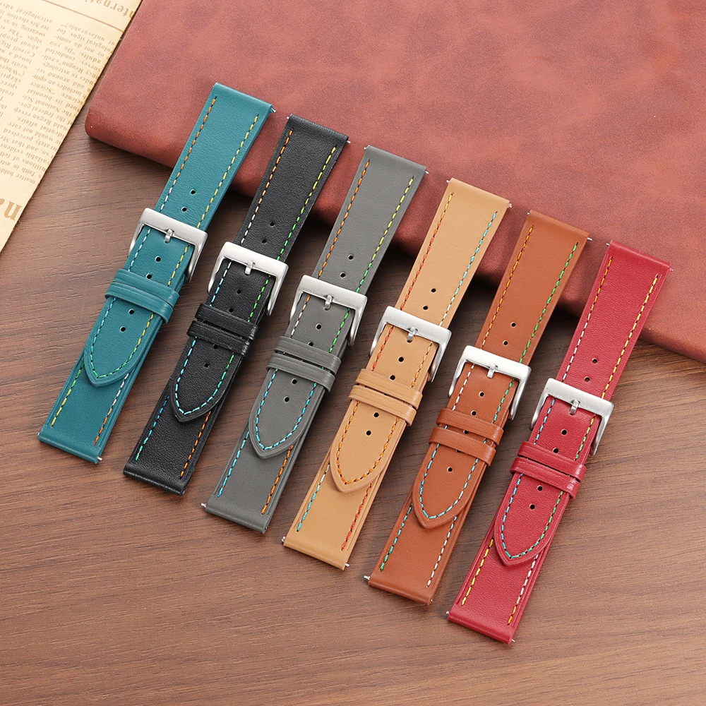 Colored Thread Leather Watchband Quick Release Strap 18mm 20mm 22mm Universal Bracelet for Men Women Watchband Wristband
